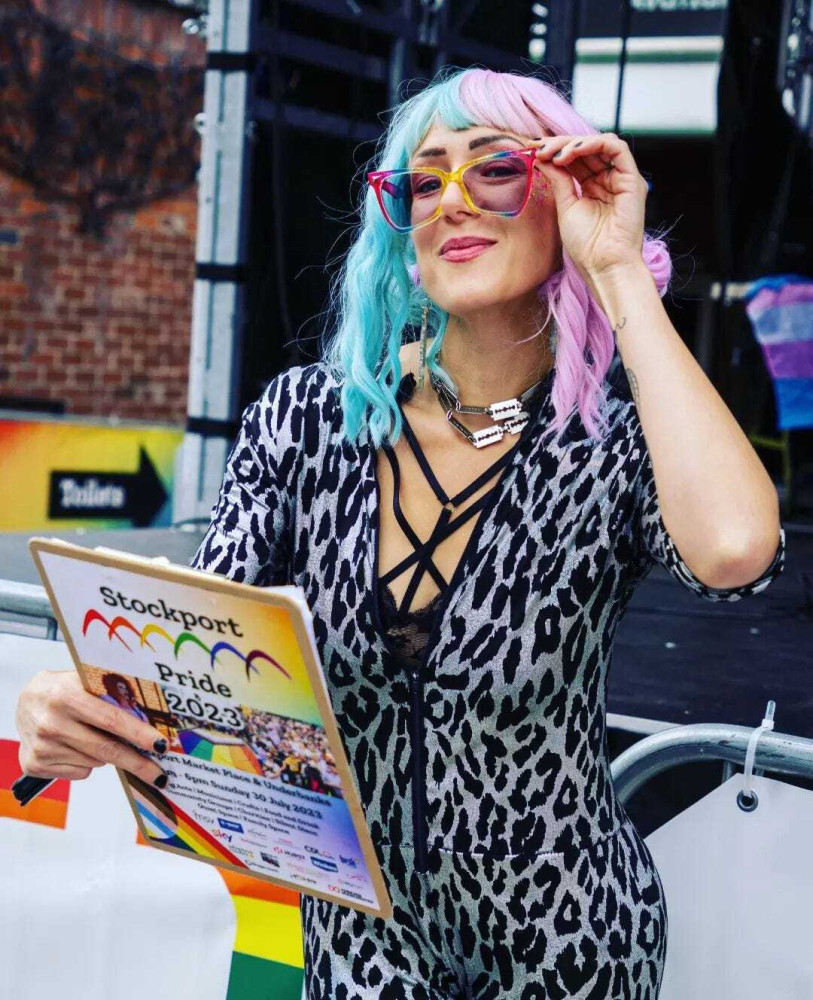 Jane Claire Bradley hosting Stockport Pride in 2023