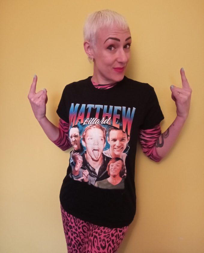 Jane Claire Bradley in a t-shirt featuring images of Matthew Lillard in his various acting roles